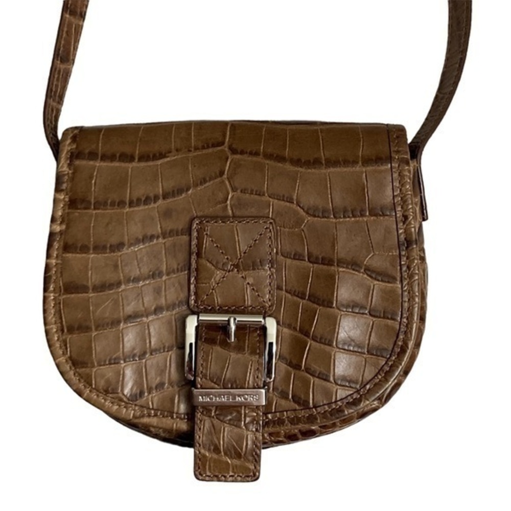 Michael Kors collection designer brown embossed leather crossbody bag flap